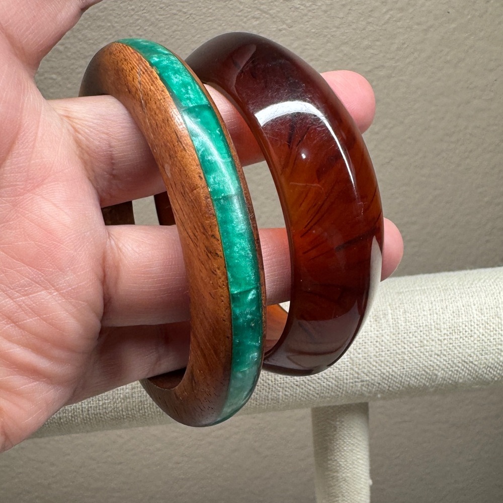 Bangles bundle wooden green and acrylic root beer tone
